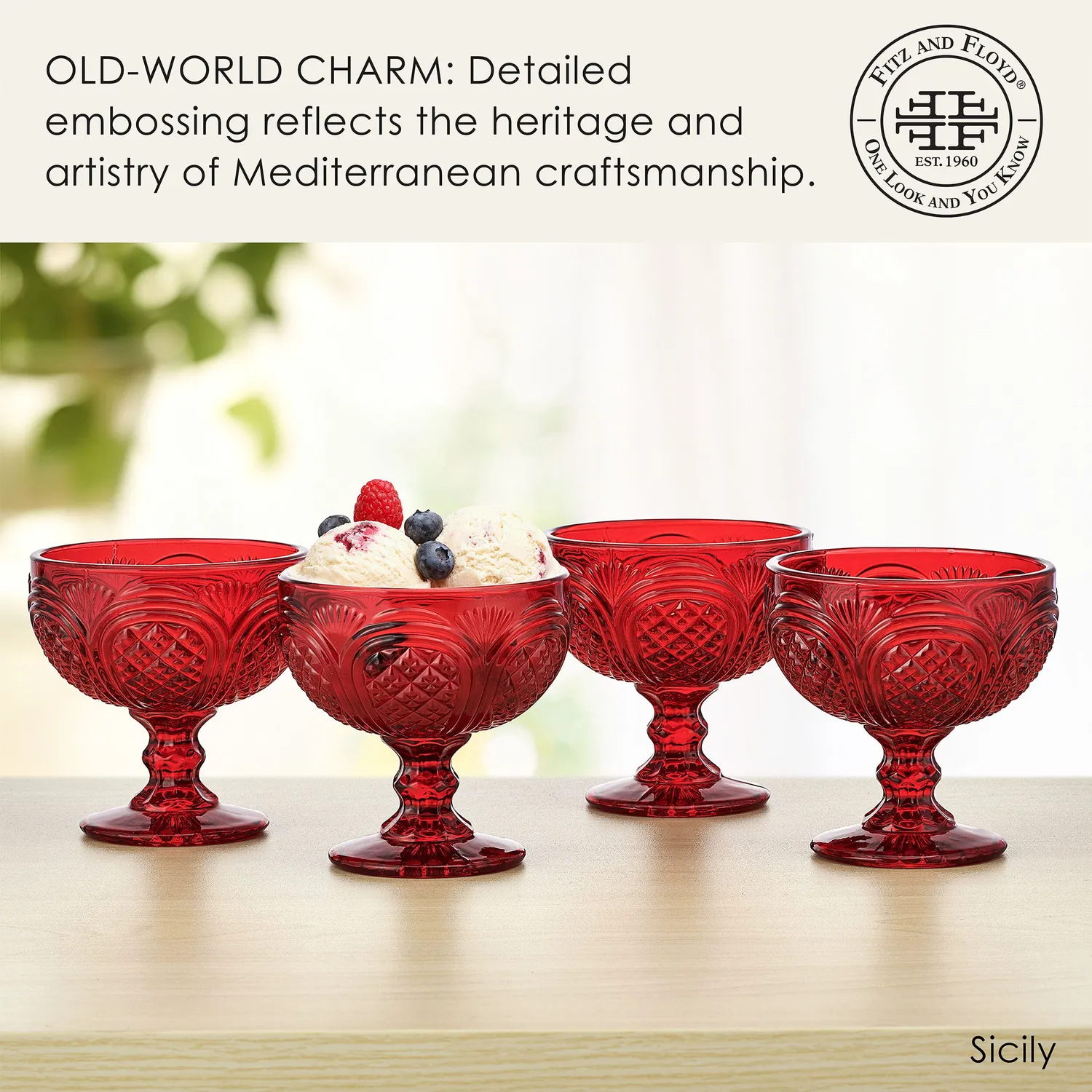 Fitz and Floyd Sicily Red coppette dessert set 4 vetro rosso