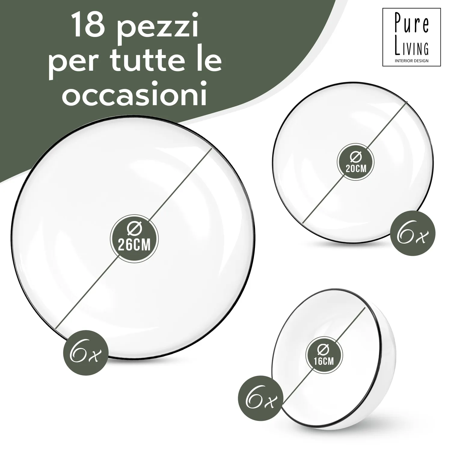 Pure Living Scandi servizio 6 persone porcellana 18 pezzi