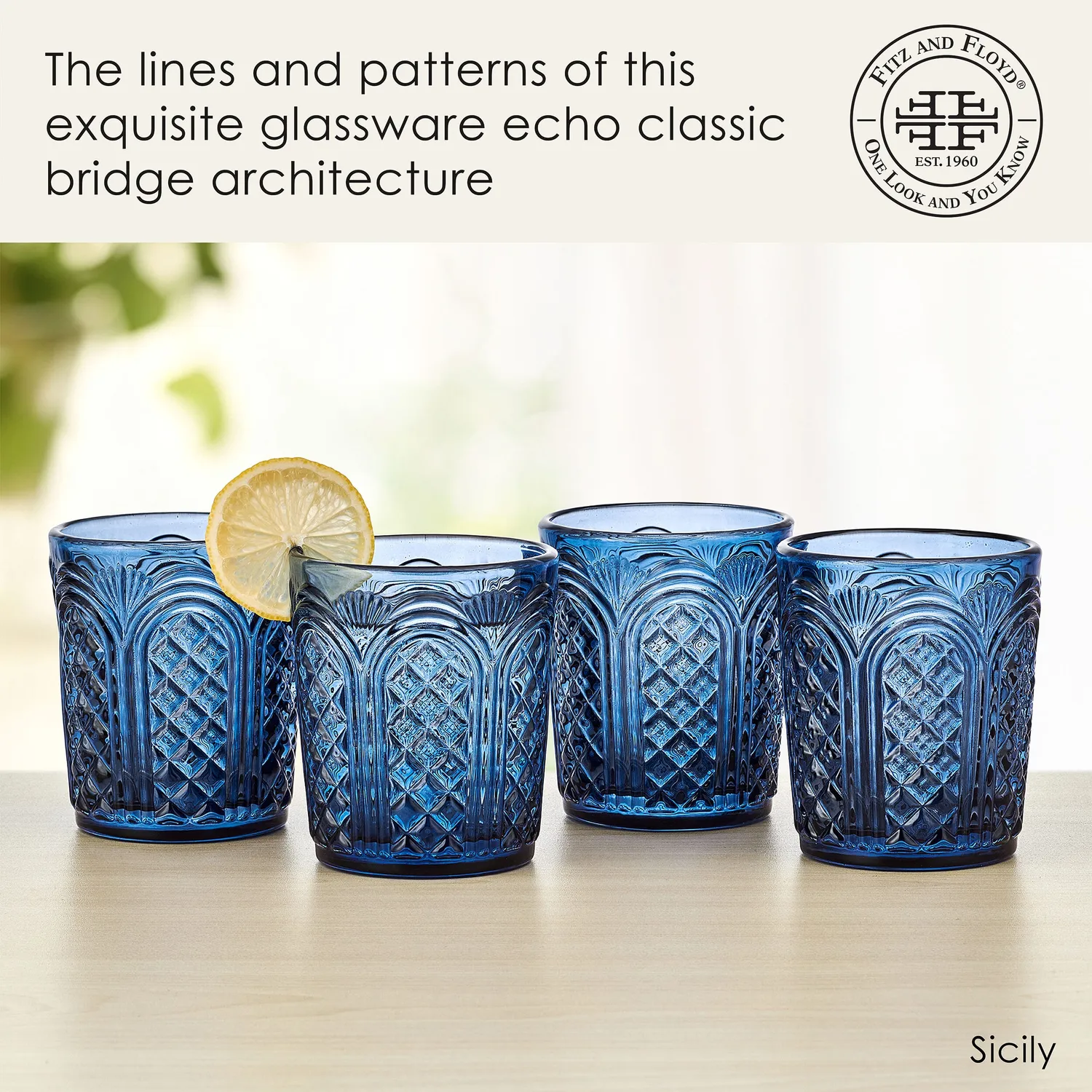 Fitz and Floyd Sicily Blue bicchieri whisky 4 pezzi blu