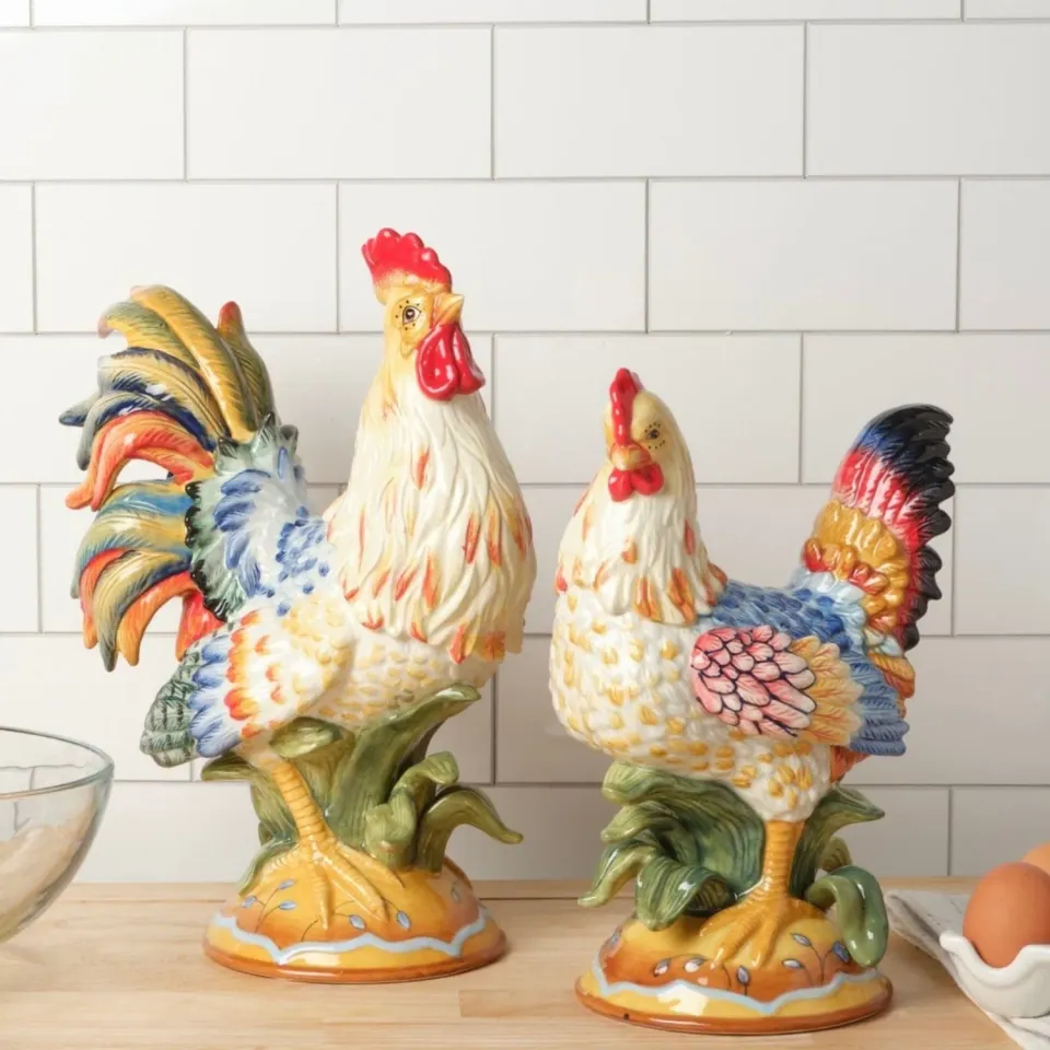 Fitz and Floyd Ricamo statuine gallo e gallina set 2 pz dipinte a mano