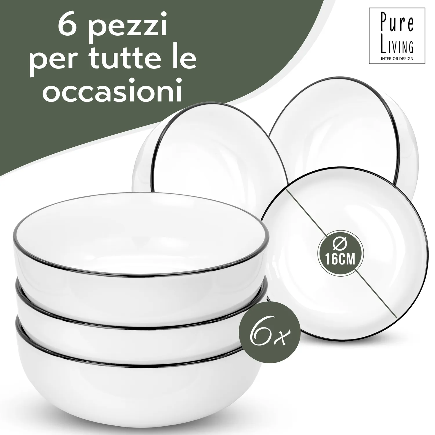 Pure Living Scandi set 6 ciotole porcellana bianche 15 cm