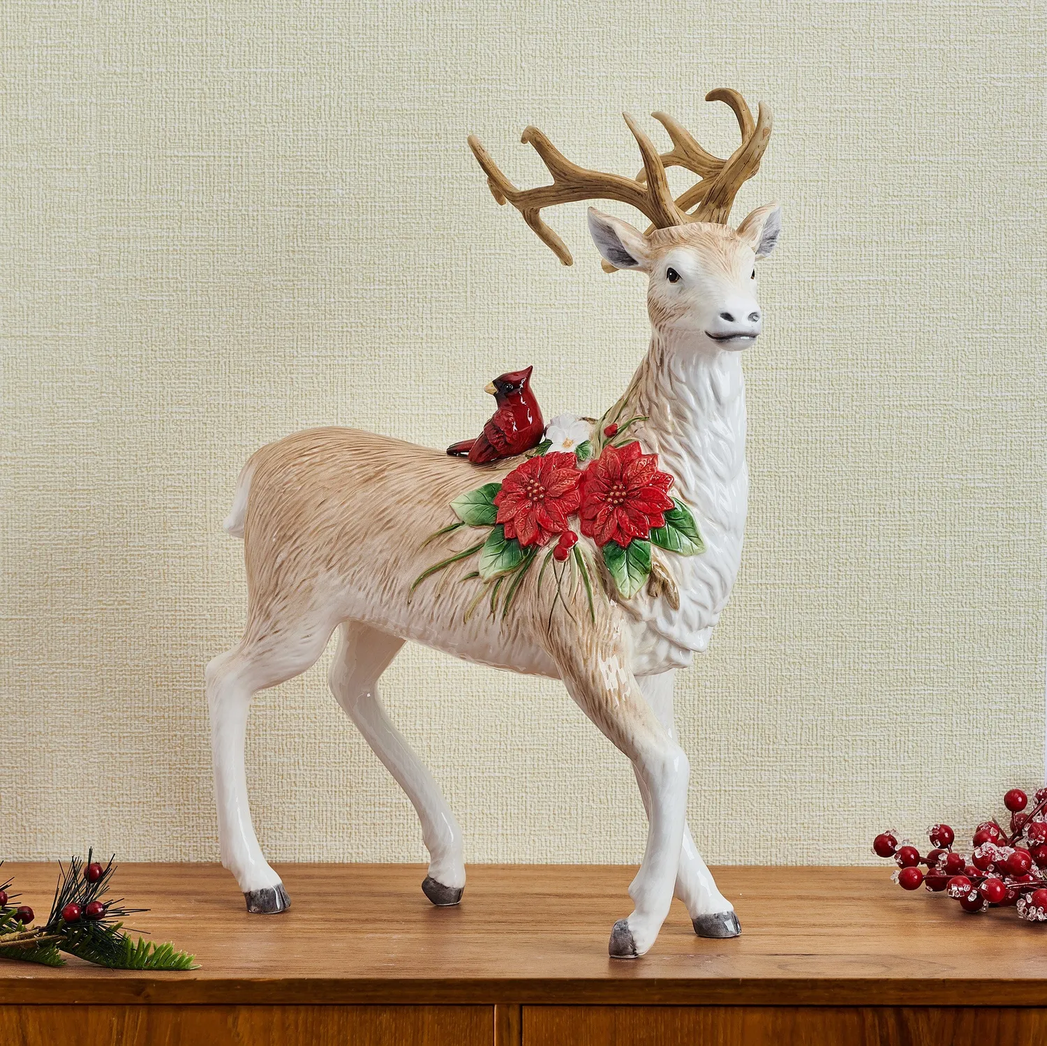 Fitz and Floyd Poinsettia cervo statuetta 41 cm marrone