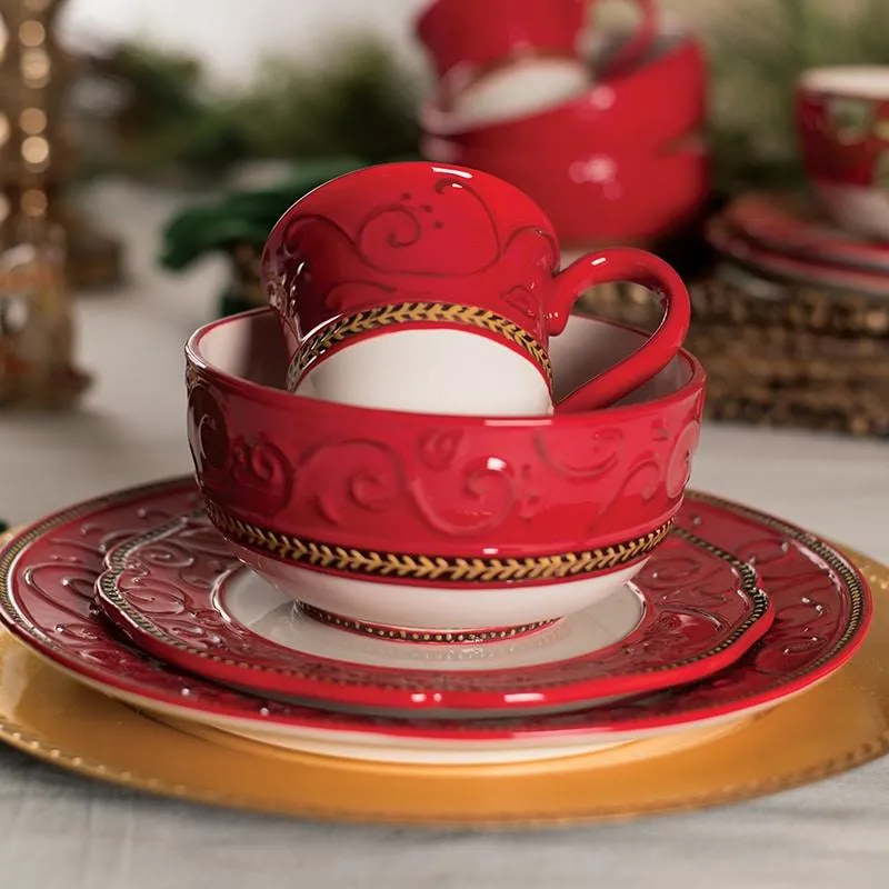 Fitz and Floyd Damask Holiday servizio piatti 4 pezzi rosso