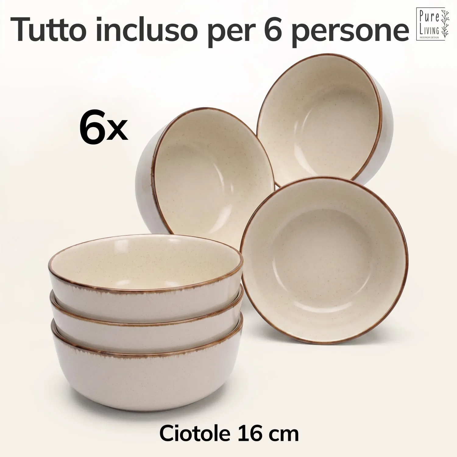 Pure Living Rustic Set 6 Ciotole Muesli Beige in Gres