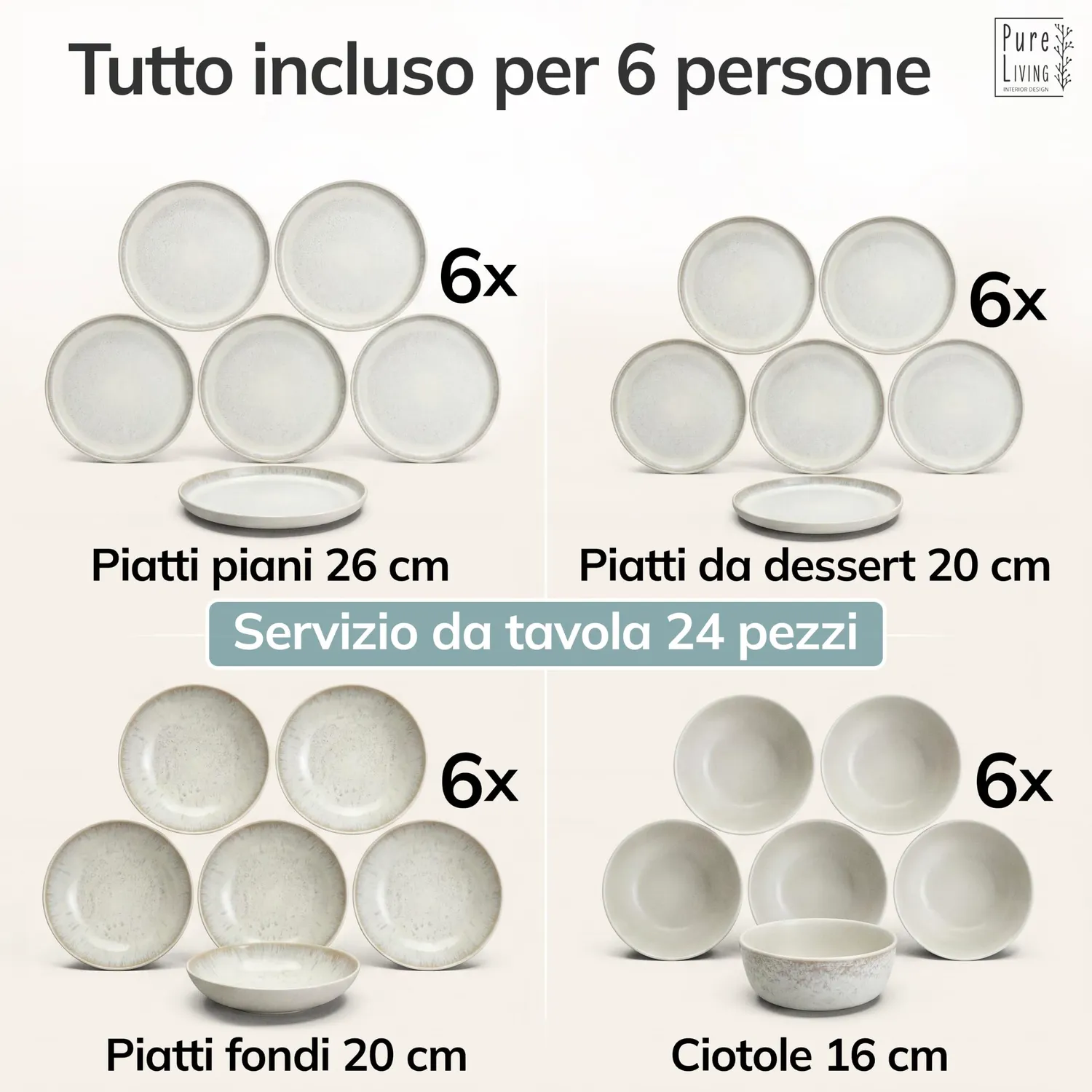 Pure Living Ibiza servizio piatti 24 pezzi beige gres per 6