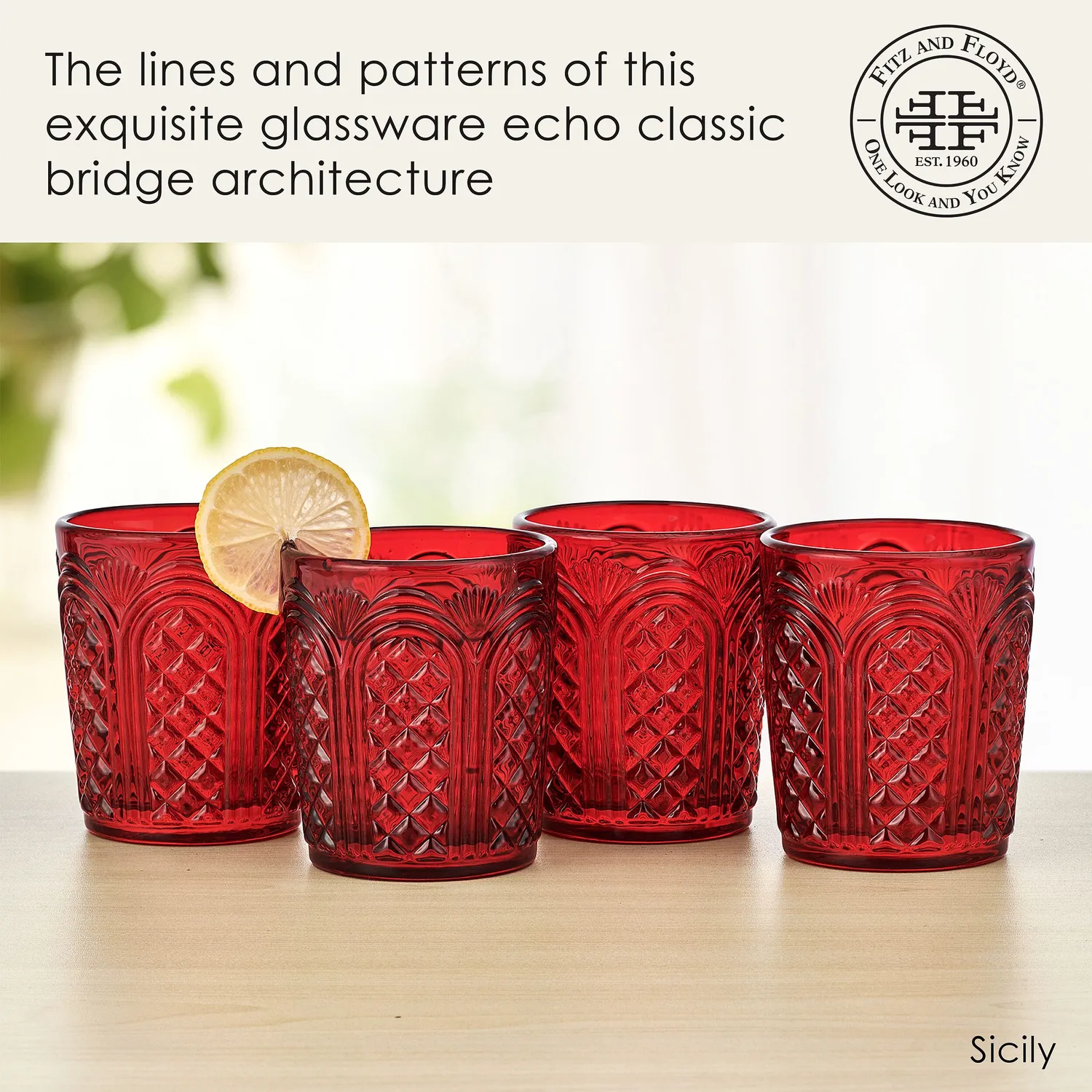 Fitz and Floyd Sicily Red set 4 bicchieri whisky rossi vetro