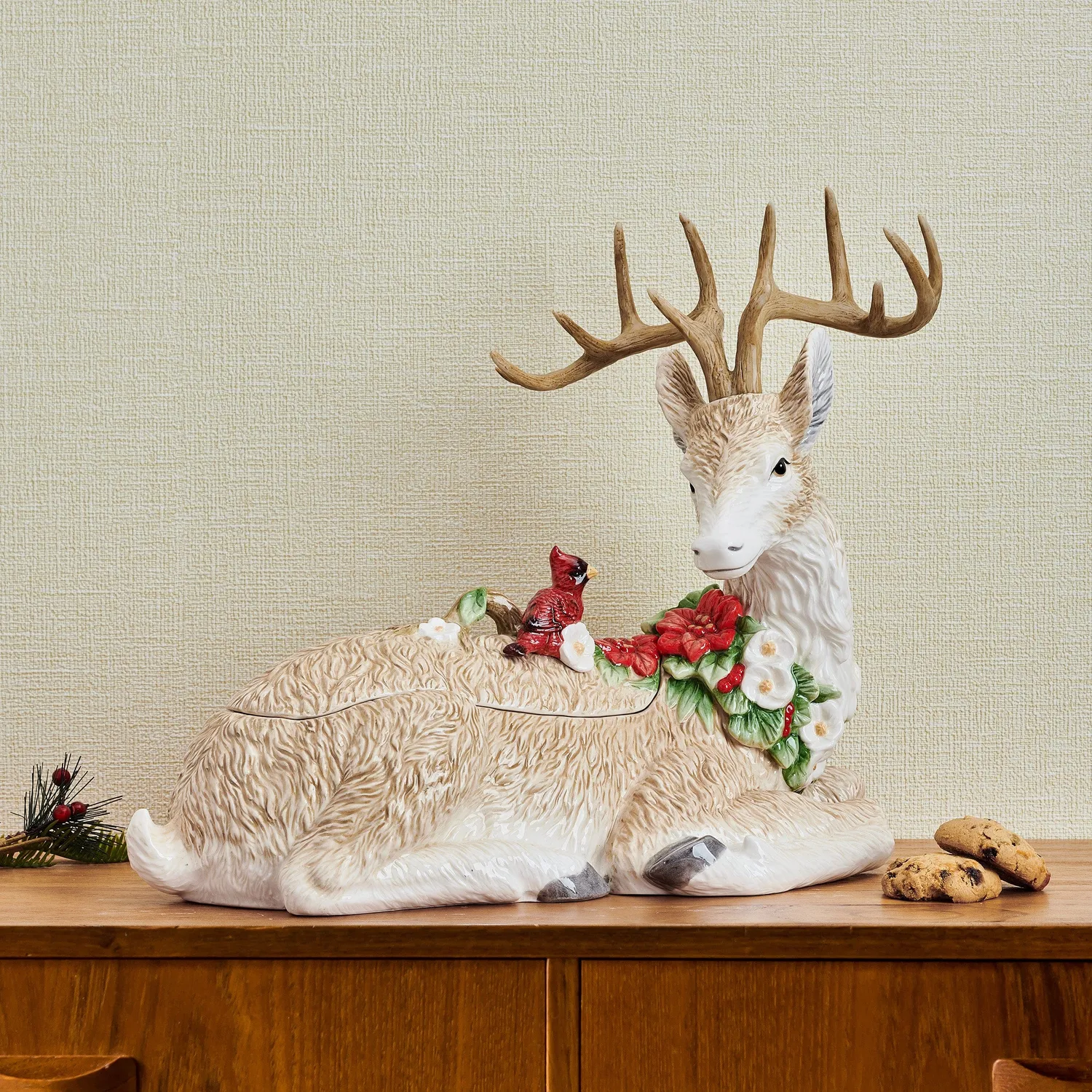Fitz and Floyd Poinsettia Holiday Deer biscottiera cervo