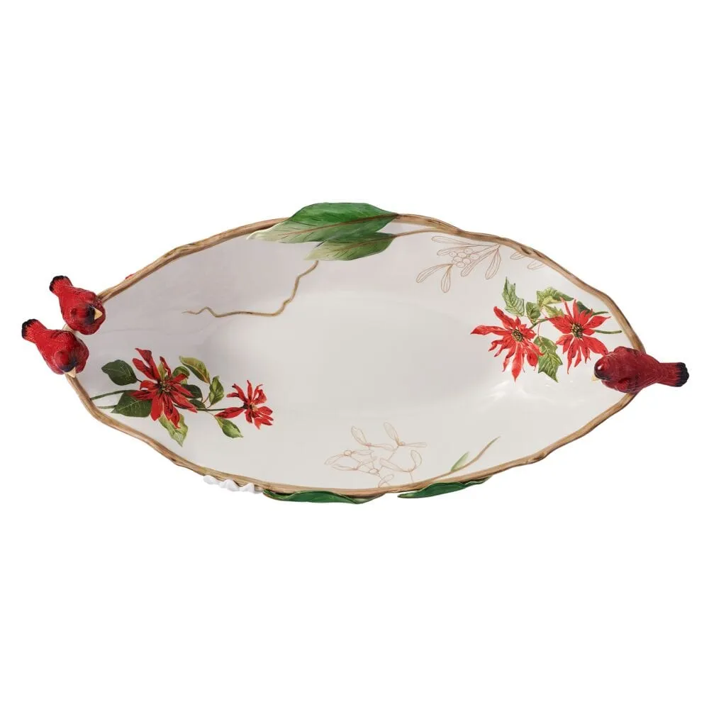 Fitz and Floyd Poinsettia Holiday centrotavola ovale bianco cardinali