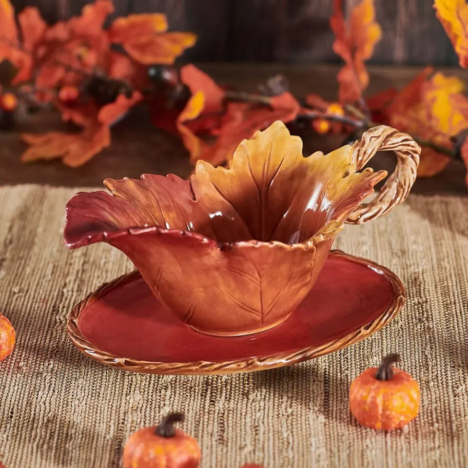 Fitz and Floyd Harvest salsiera foglia con vassoio terracotta