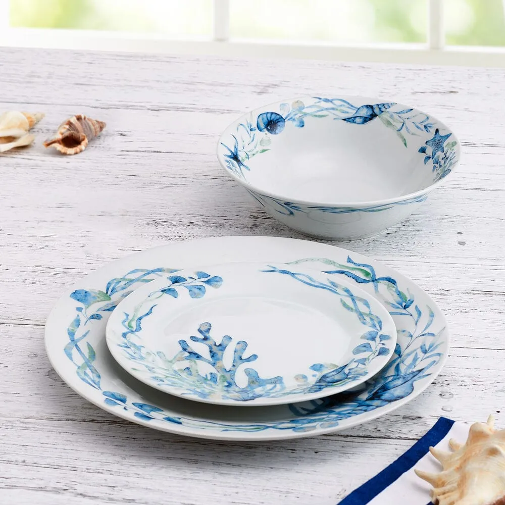 Fitz and Floyd Sanibel Servizio Piatti 12 Pezzi Blu Porcellana
