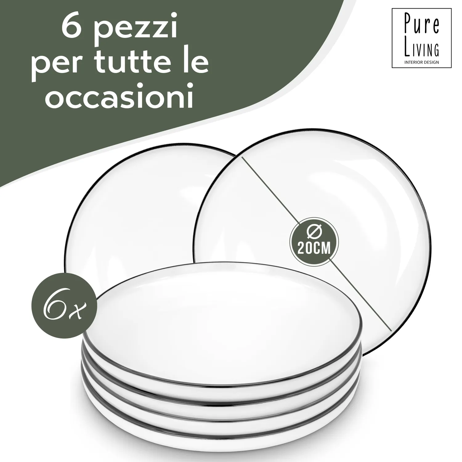 Pure Living Scandi set 6 piatti colazione porcellana bianchi