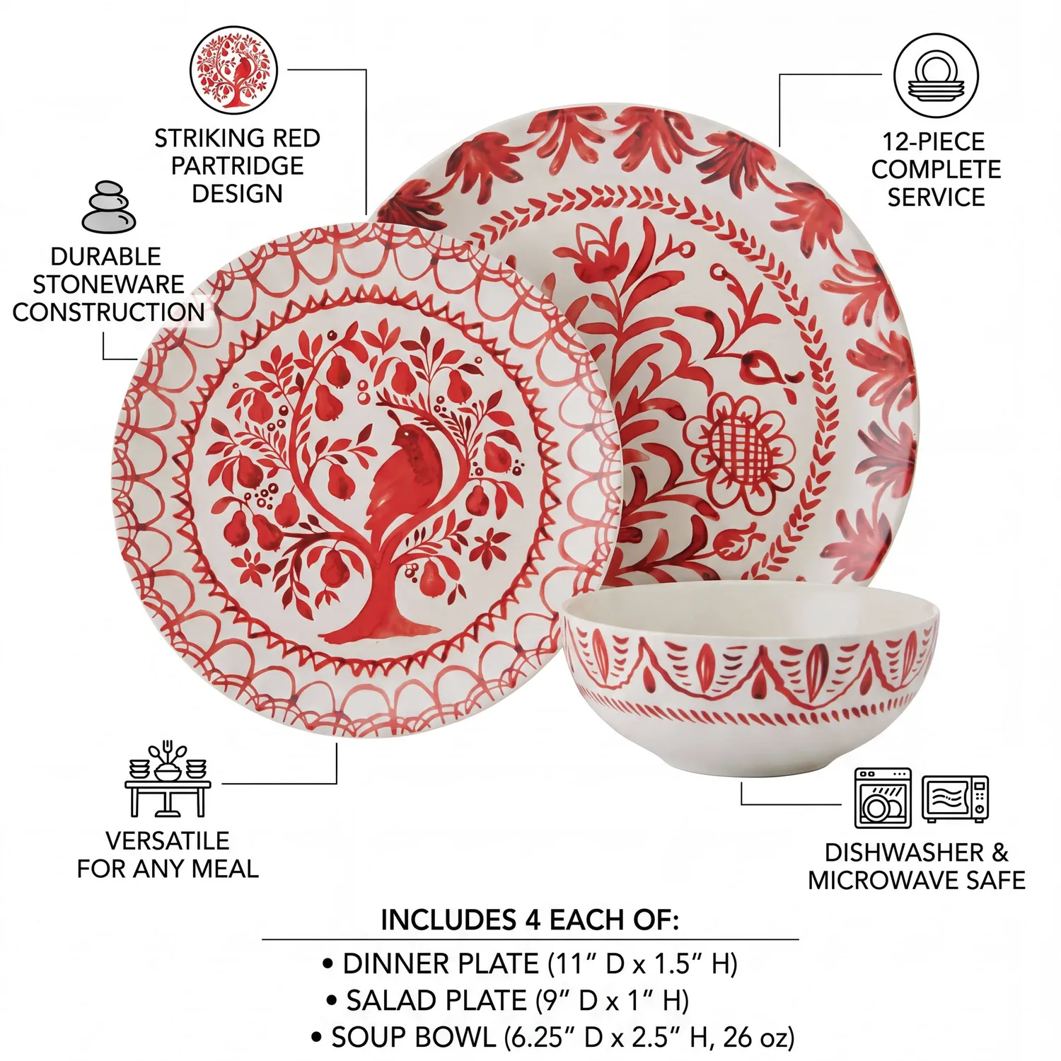 Fitz and Floyd Sicily Red Partridge servizio piatti 12 pezzi rosso
