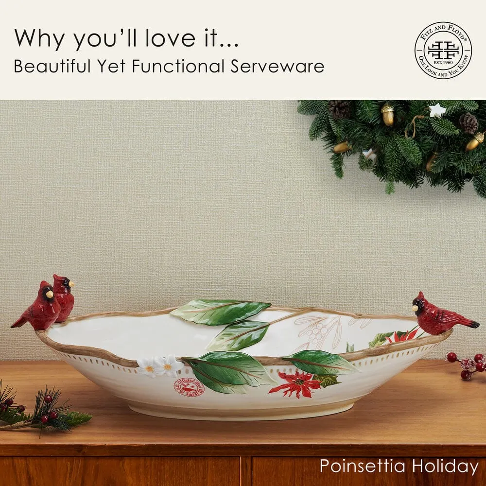 Fitz and Floyd Poinsettia Holiday centrotavola ovale bianco cardinali