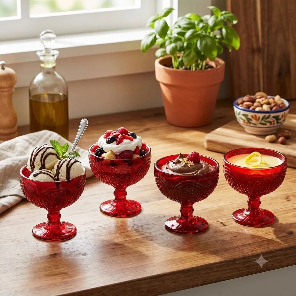 Fitz and Floyd Sicily Red coppette dessert set 4 vetro rosso