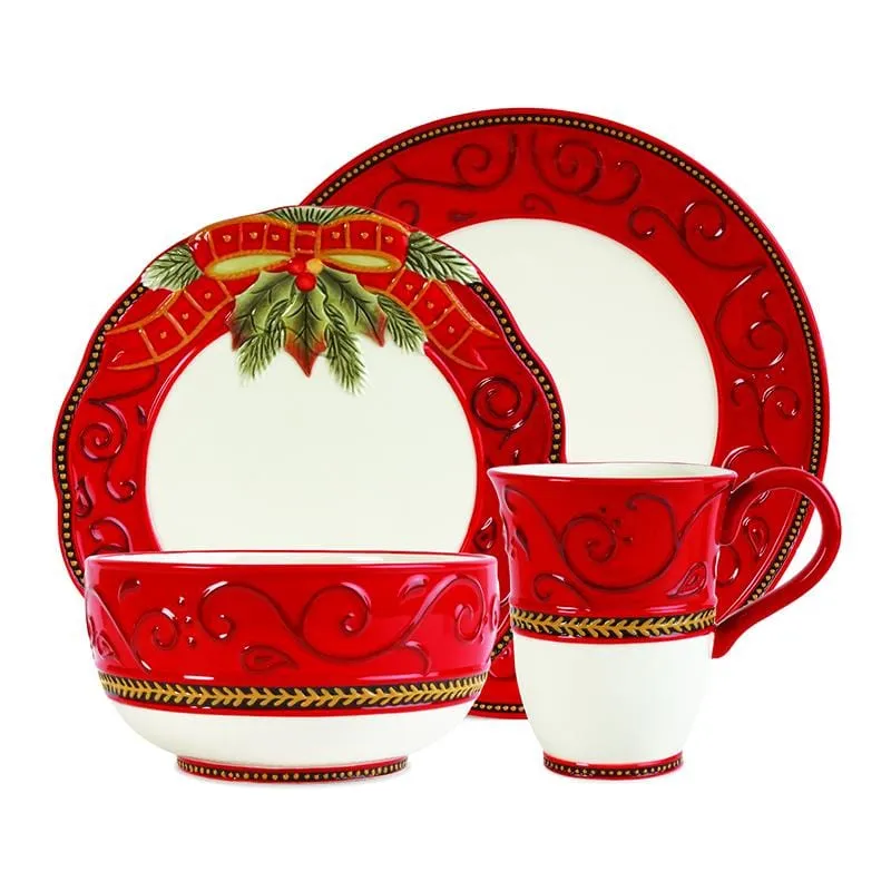 Fitz and Floyd Damask Holiday servizio piatti 4 pezzi rosso