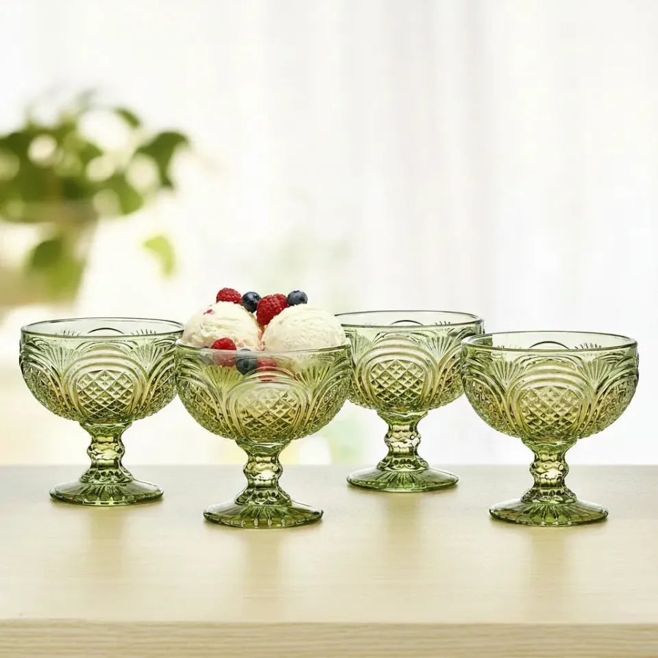 Fitz and Floyd Sicily Green coppe dessert vetro verde set 4