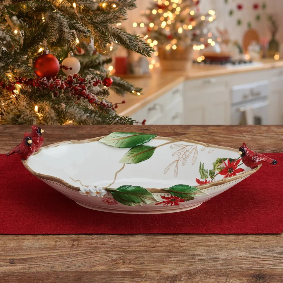 Fitz and Floyd Poinsettia Holiday centrotavola ovale bianco cardinali