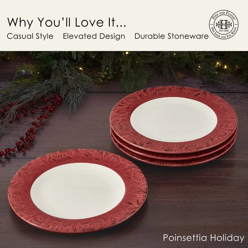 Fitz and Floyd Poinsettia Holiday set 4 piatti piani rossi stoneware
