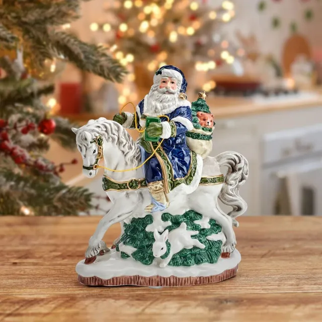 Fitz and Floyd Holiday Musical statuetta Santa a cavallo blu