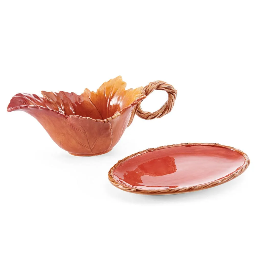 Fitz and Floyd Harvest salsiera foglia con vassoio terracotta