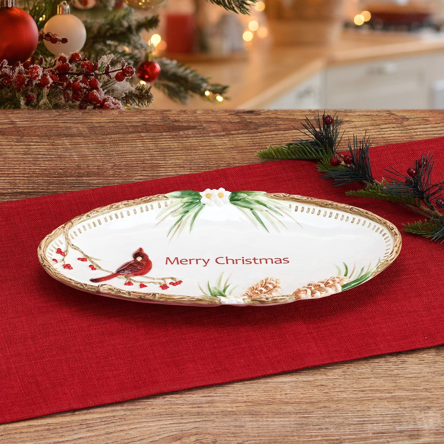 Fitz and Floyd Poinsettia Holiday vassoio Merry Christmas terracotta