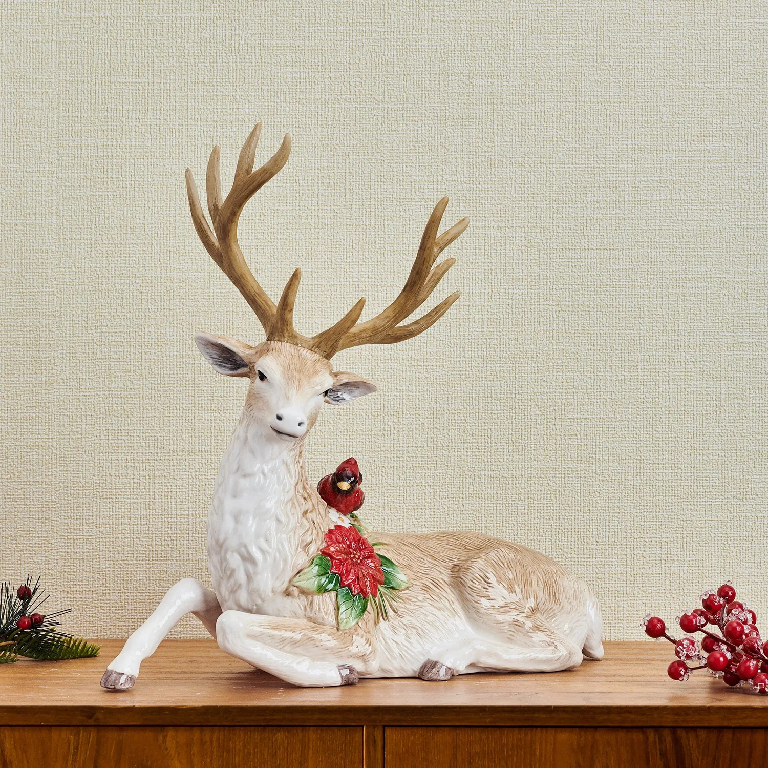 Fitz and Floyd Poinsettia Holiday cervo sdraiato statuetta marrone