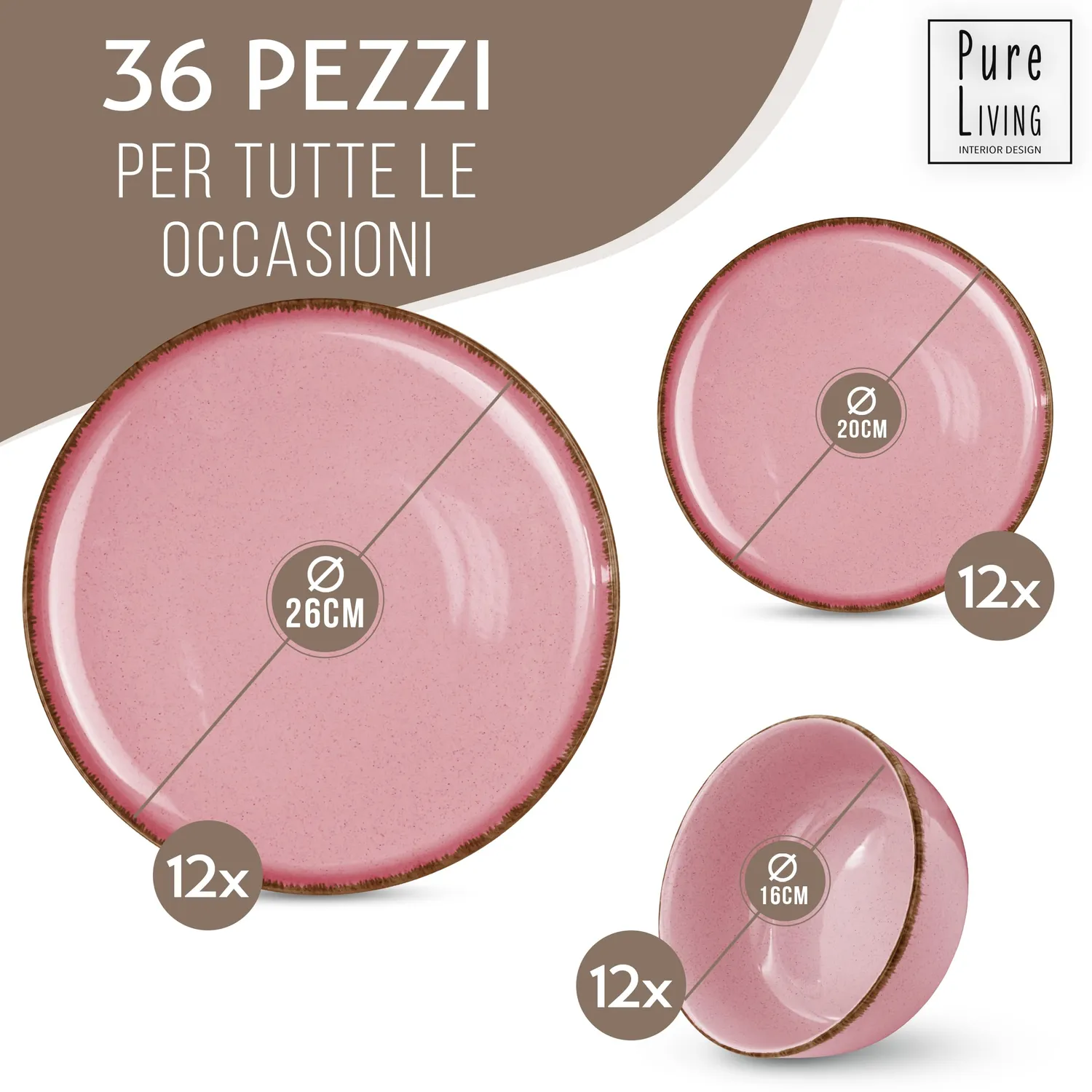 Pure Living Rustic servizio piatti 36 pezzi 12 persone rosa
