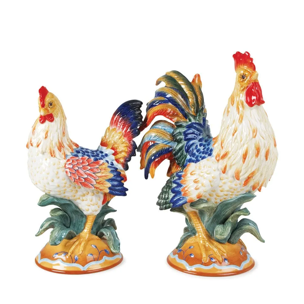 Fitz and Floyd Ricamo statuine gallo e gallina set 2 pz dipinte a mano