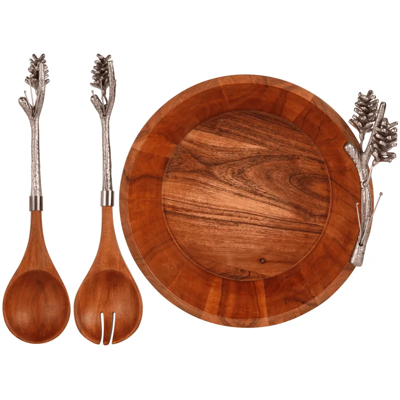 Fitz and Floyd Pinecone ciotola servizio con posate legno acacia