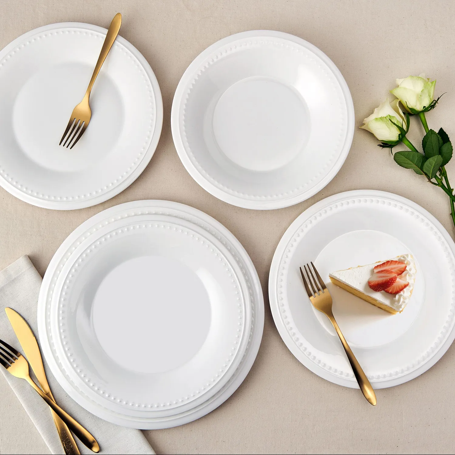 Fitz and Floyd Nevaeh White Classic Bead servizio piatti 12 pezzi bone china