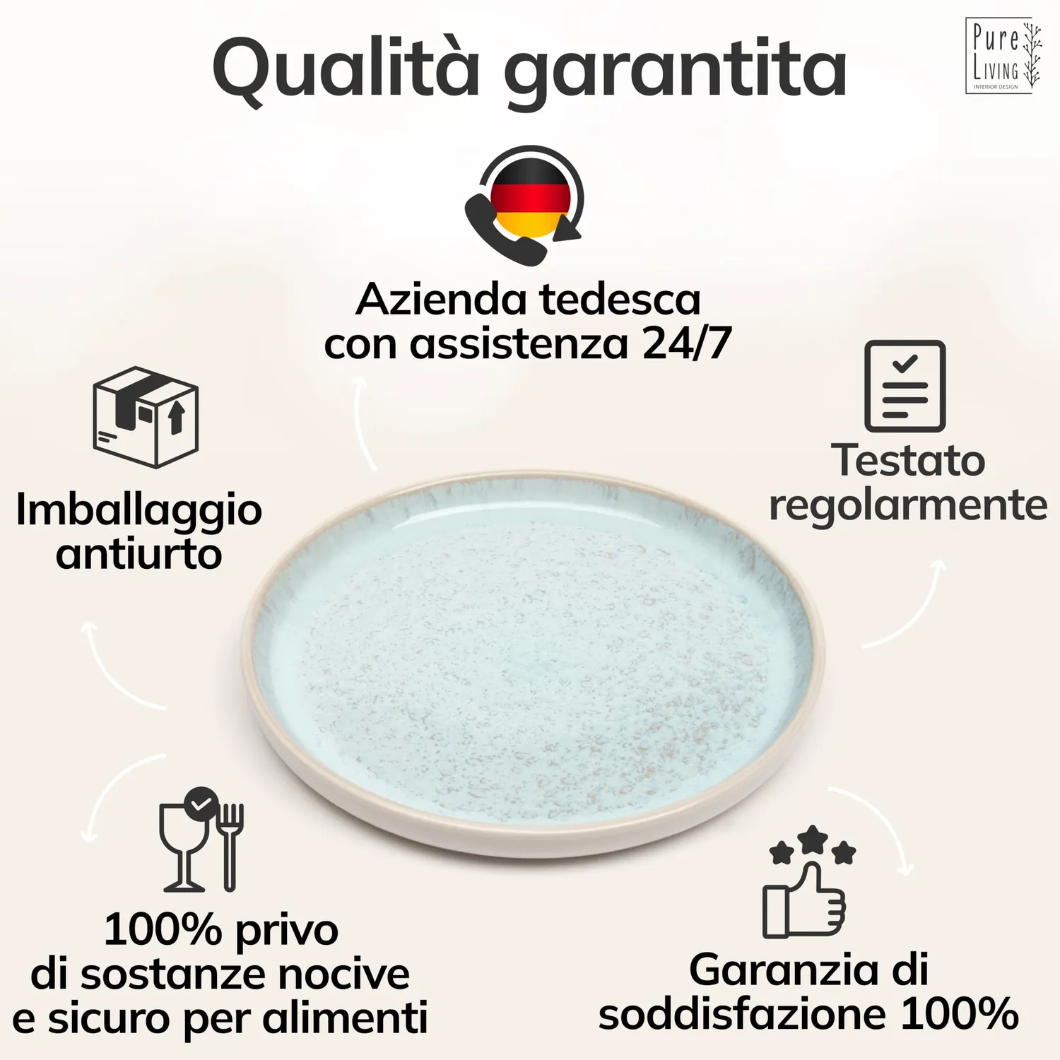 Pure Living Ibiza Set 6 Piatti Dessert Ceramica Beige Blu