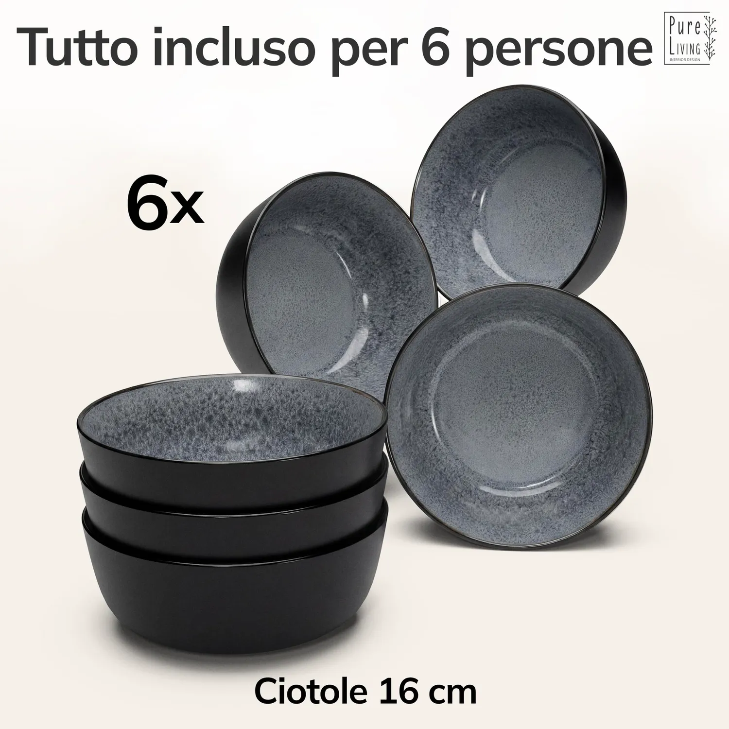 Pure Living Ibiza ciotole 6 pezzi grigio gres cereali