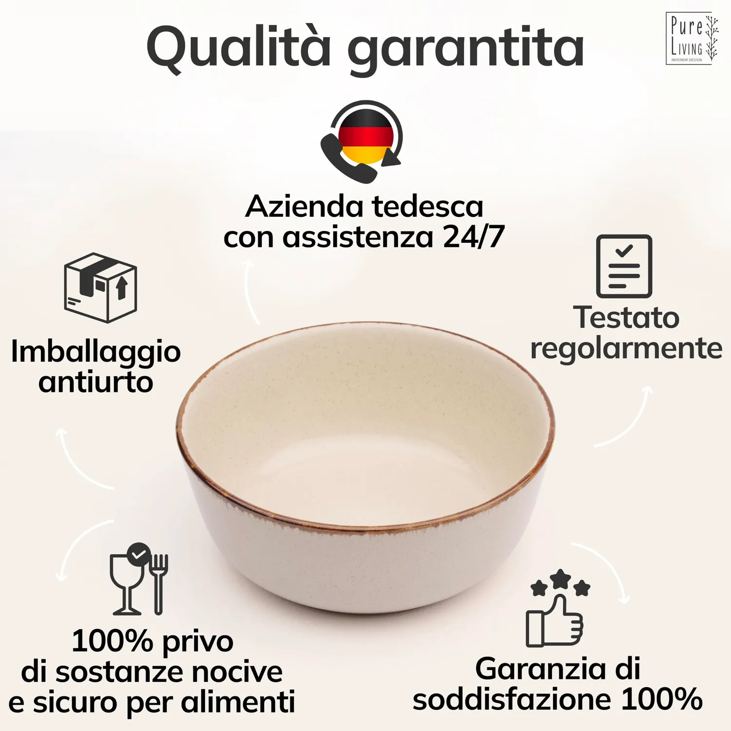 Pure Living Rustic Set 6 Ciotole Muesli Beige in Gres