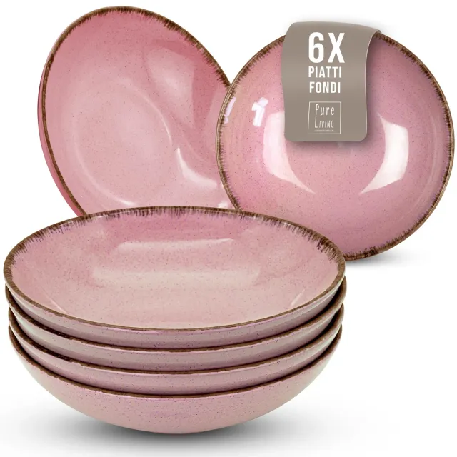 Pure Living Rustic Set 6 Piatti Fondi Rosa 19 cm Steingut