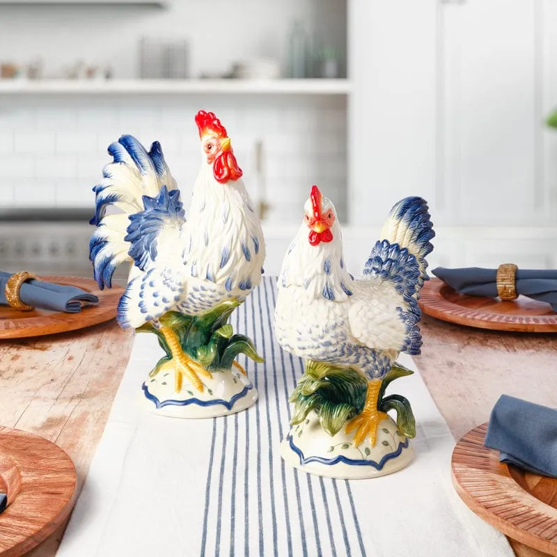 Fitz and Floyd Sicily Blue Gallo e Gallina Statuine Set 2 Blu