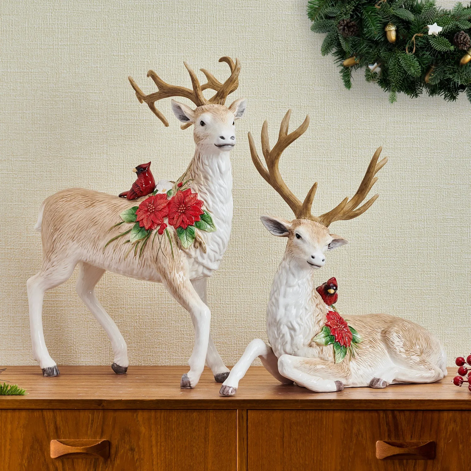 Fitz and Floyd Poinsettia cervo statuetta 41 cm marrone