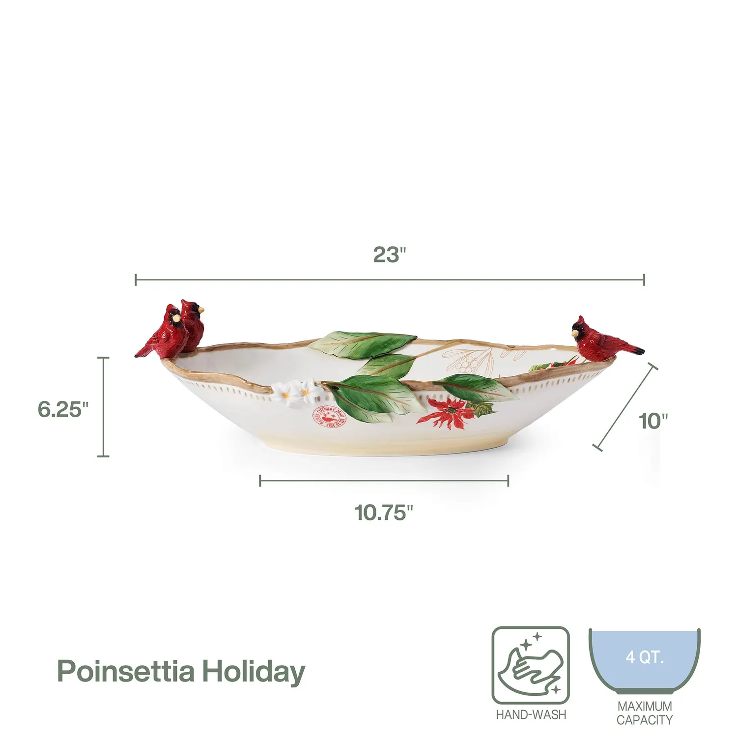 Fitz and Floyd Poinsettia Holiday centrotavola ovale bianco cardinali